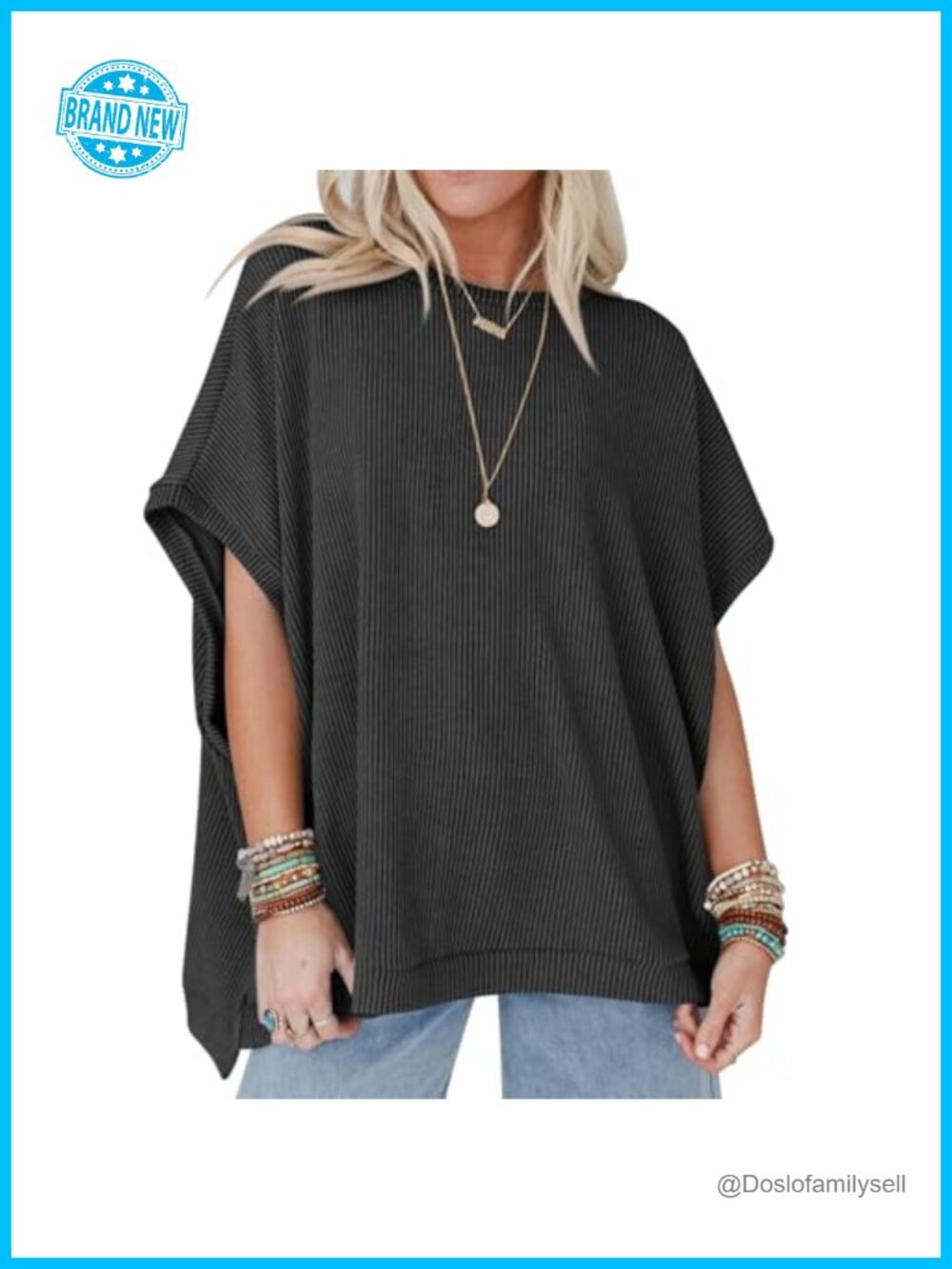 Womens Knitted Oversized Dolman Sleeve Tunic Top Loose Fit Boat Neck Shirt